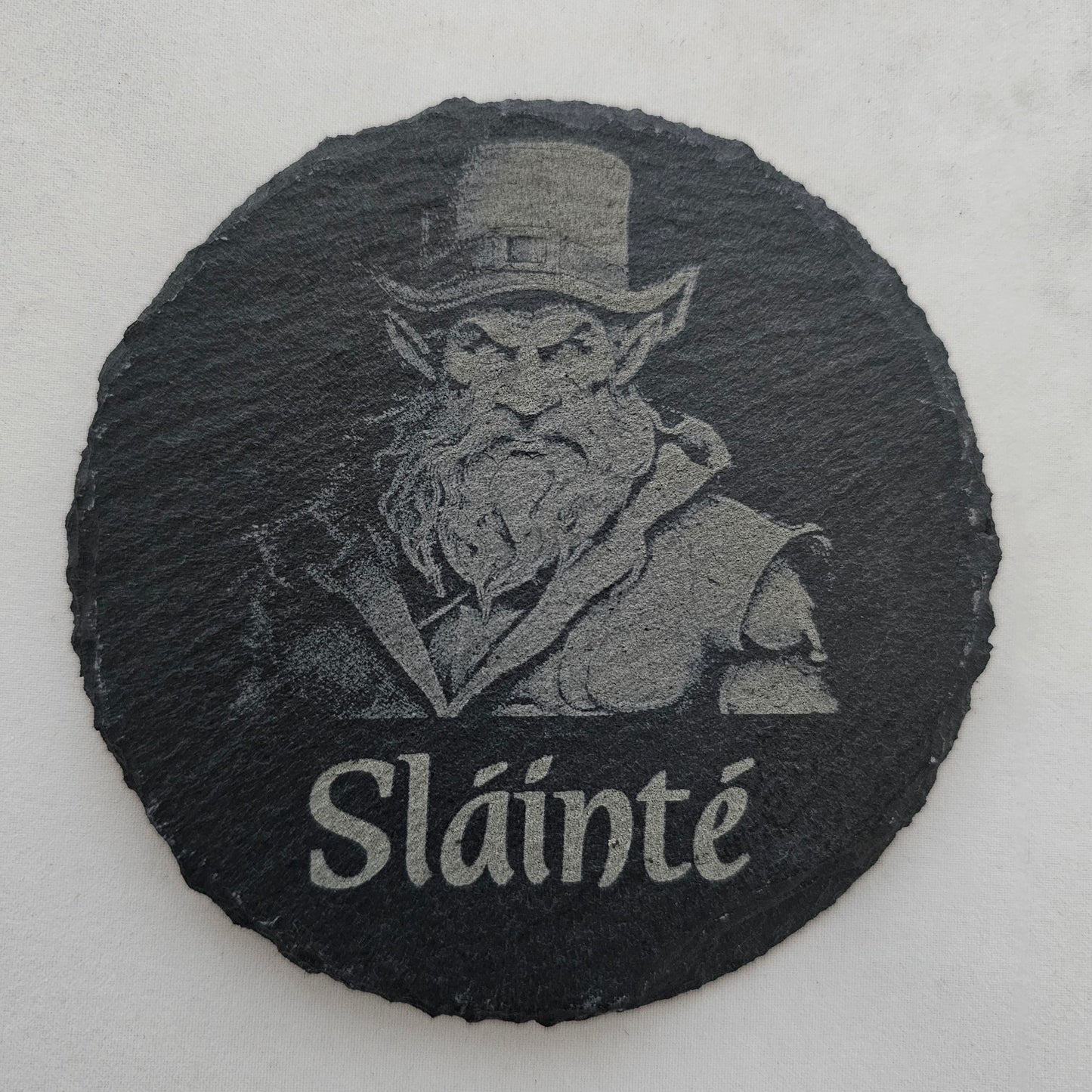 Sláinte Leprechaun: Laser-Engraved Slate Coaster