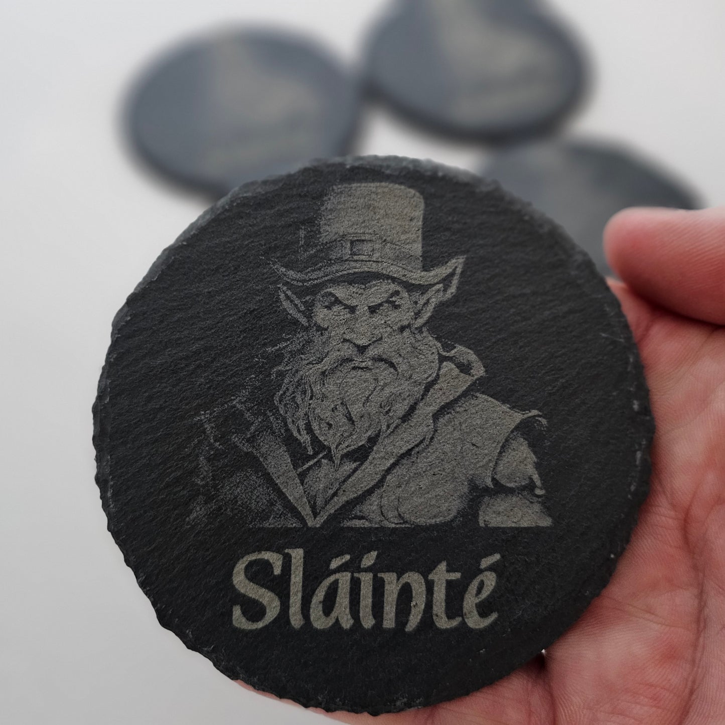 Sláinte Leprechaun: Laser-Engraved Slate Coaster